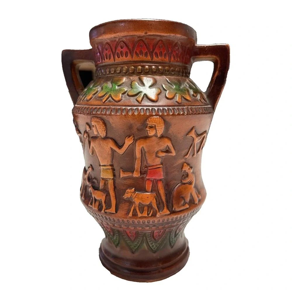 Vintage Norleans Rust Egyptian Design Double Handle Vase Japan Ceramic‎ 7